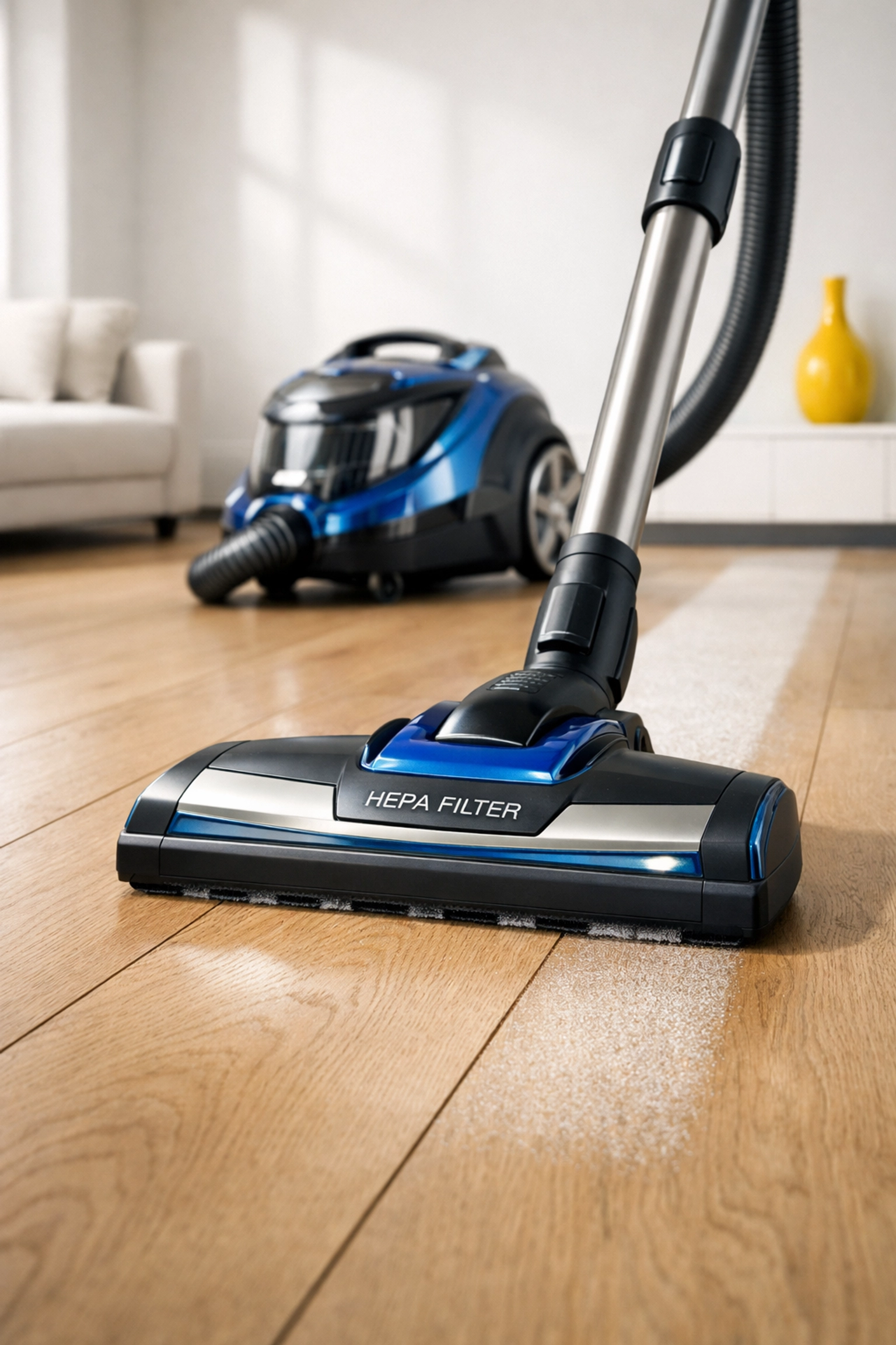 Modern HEPA filter vacuum cleaning fine construction dust from light hardwood floors.