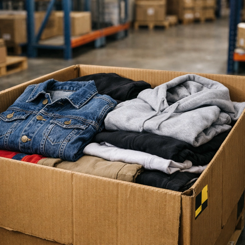 Wholesale liquidation pallet of brand name apparel and clothing in a US-based warehouse.
