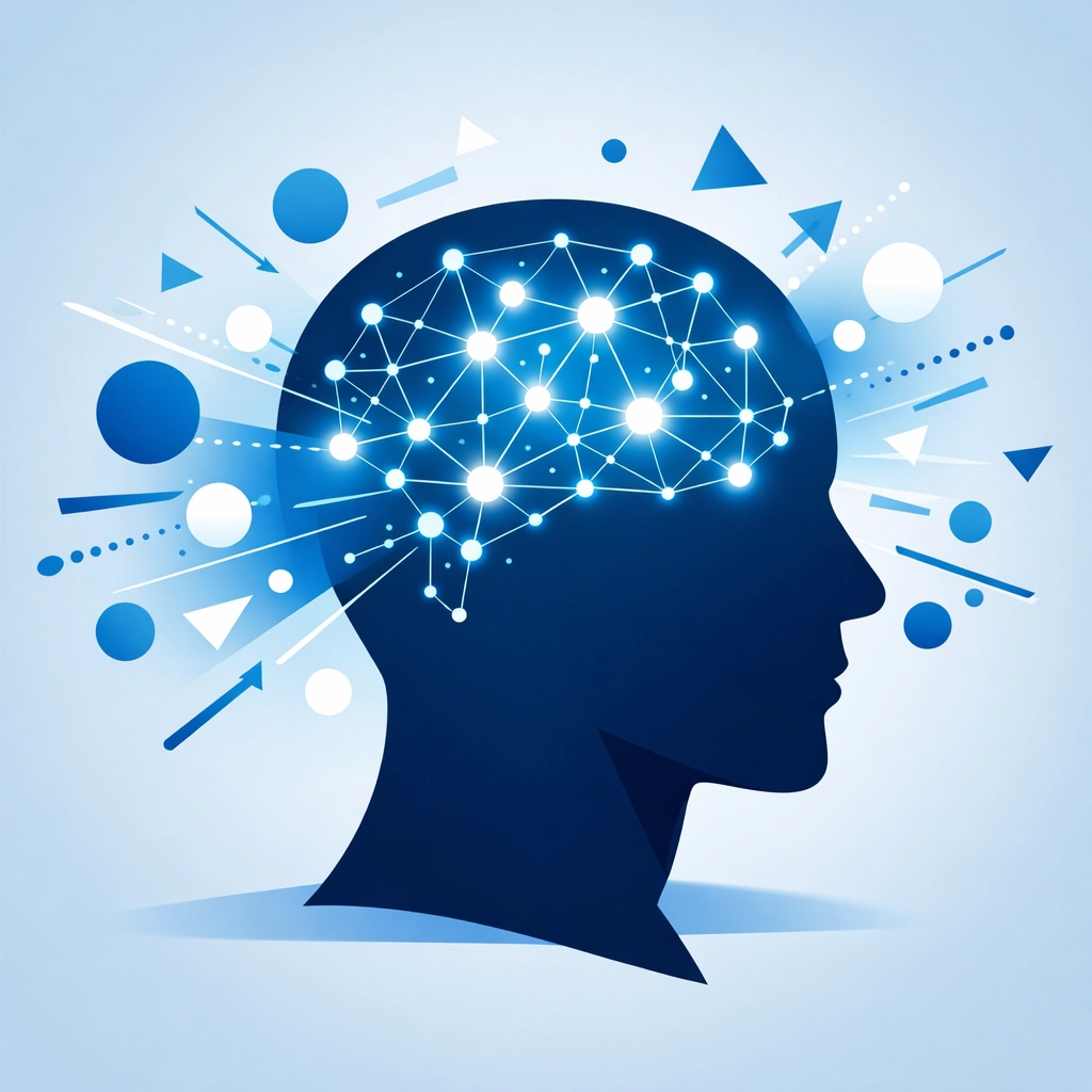 Vector profile showing an AI neural network processing user intent for search engine optimization.