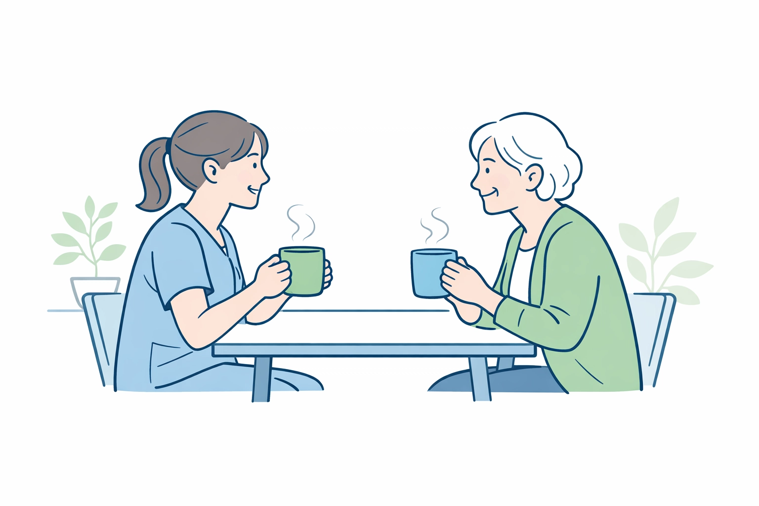 Caregiver and elderly woman smiling during a social visit, showing emotional companion care services in Austin.