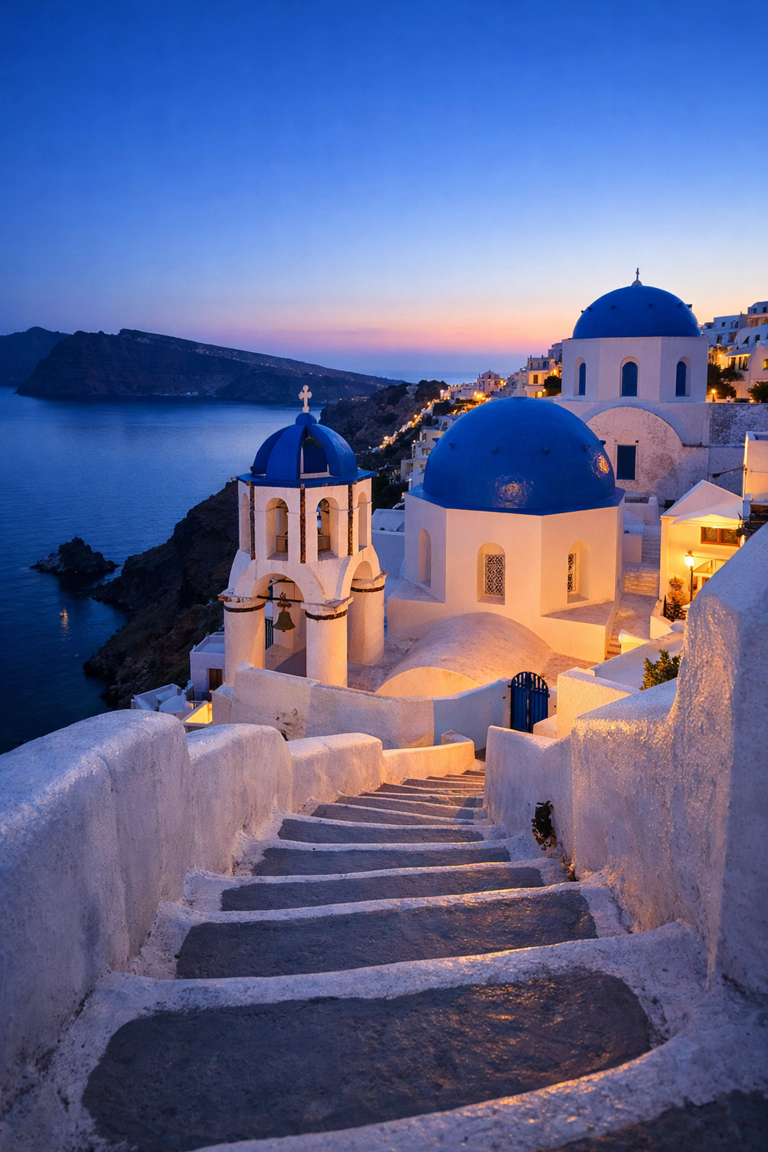 Iconic blue-domed churches in Oia, Santorini, a top instagrammable place for travel photography.