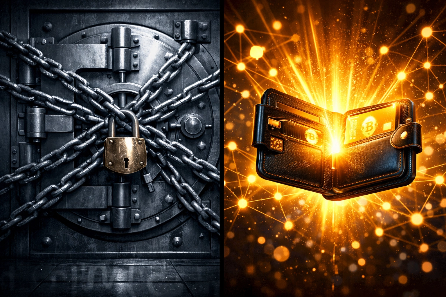 Self-custody crypto wallet with decentralized network versus traditional locked banking vault