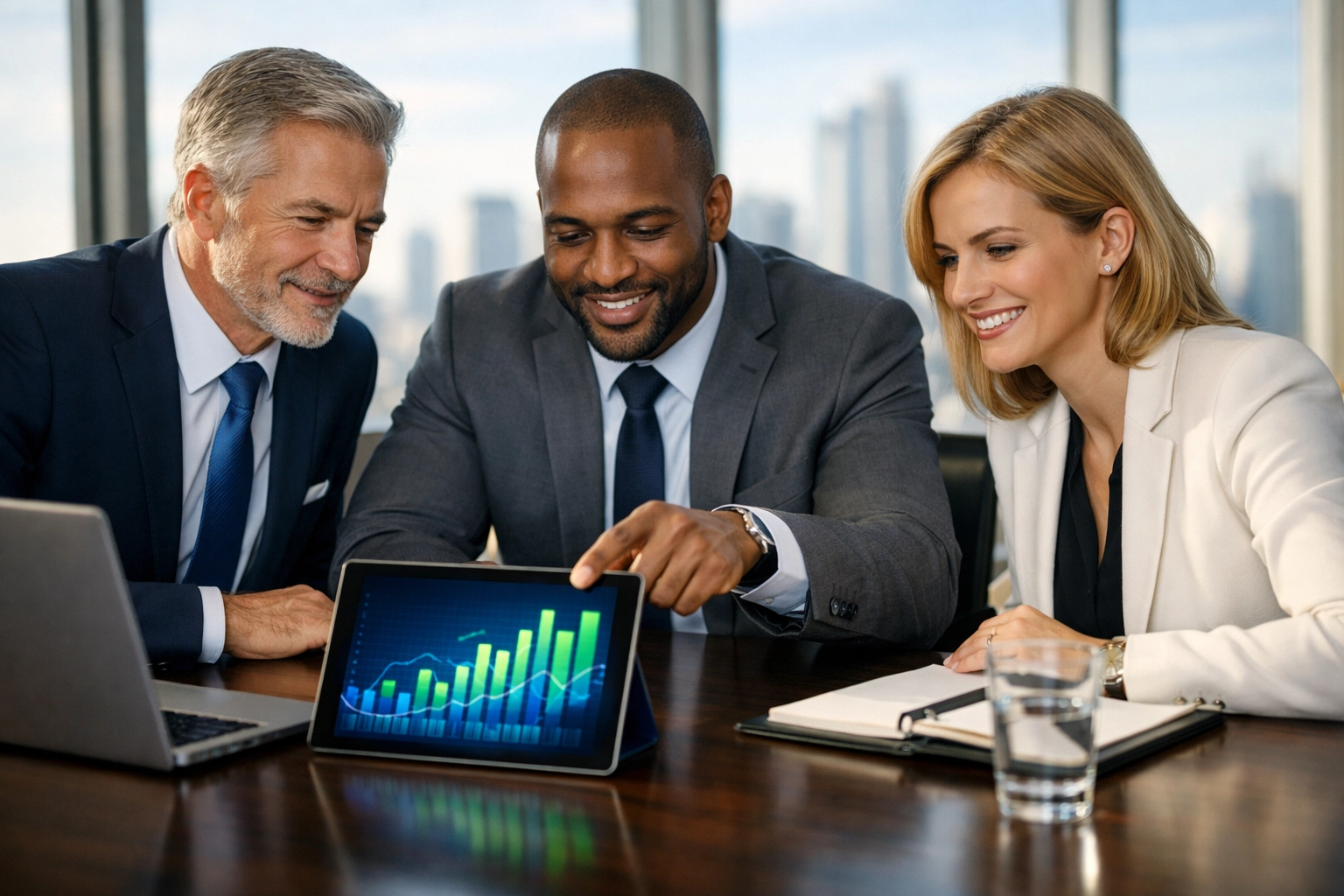 Corporate executives reviewing data analytics to reorganize media operations for enterprise growth.