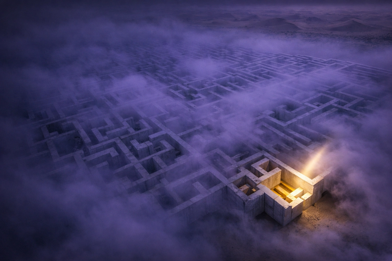 A spotlighted labyrinth section, showing why lean operations consulting prioritizes end-to-end process vision.