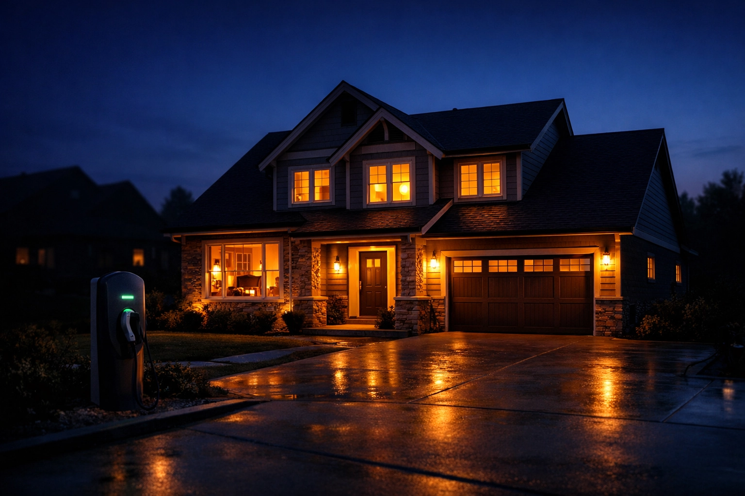 Smart home with lights on during a power outage thanks to reliable solar battery backup and EV charging.