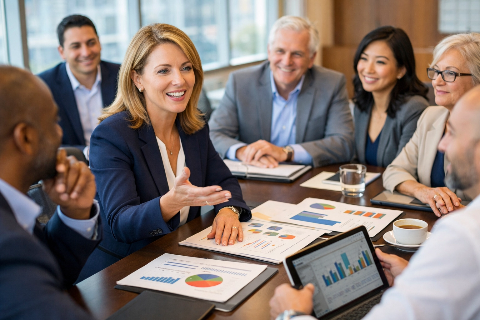 Diverse foodservice executives collaborating in boardroom meeting for WFF leadership development