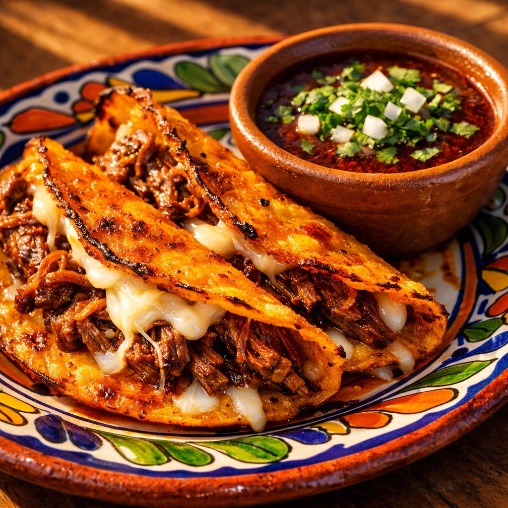 Crispy quesabirria tacos and savory consommé at a morning street food stand in Old Town Puerto Vallarta.