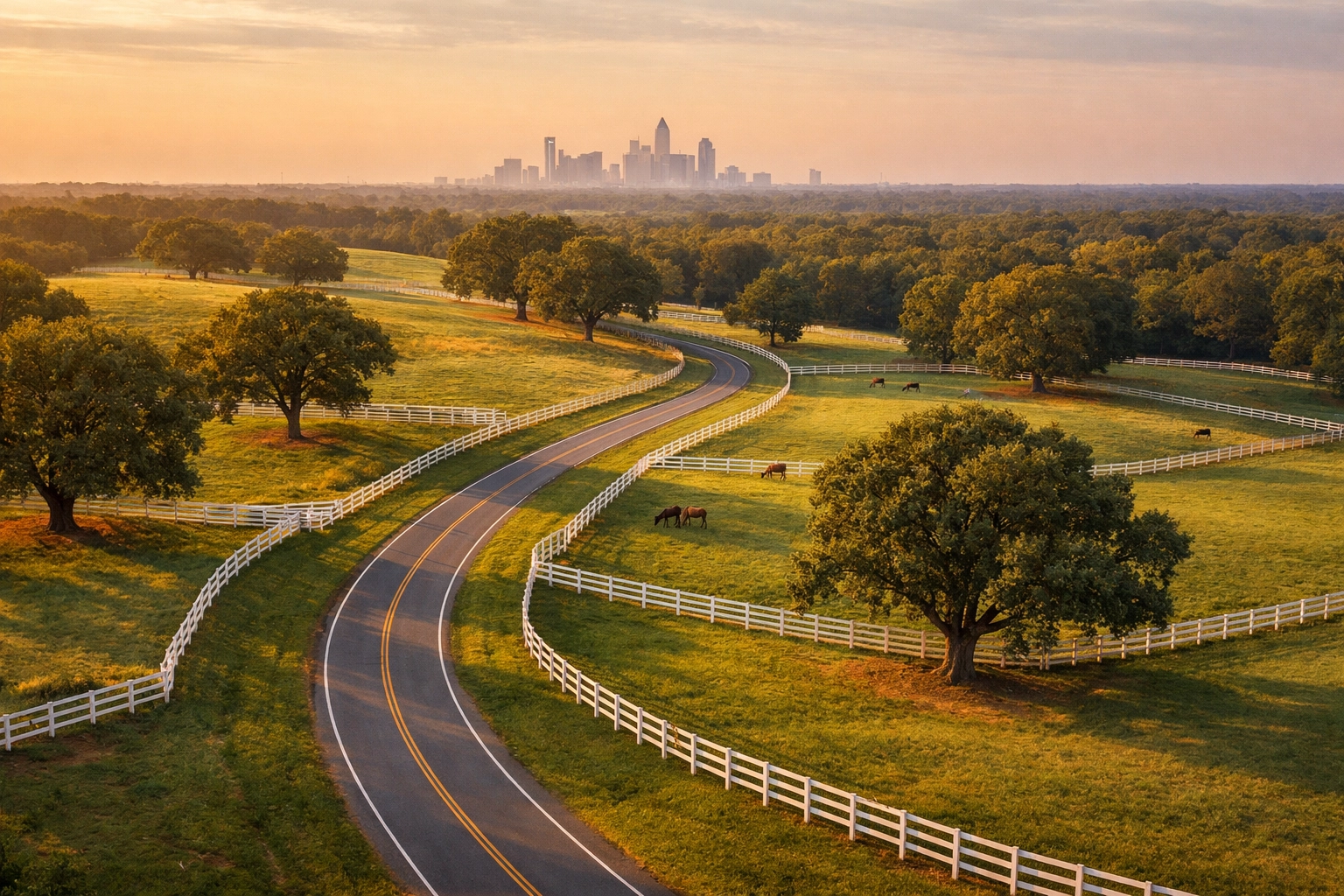 Aerial view of horse farms near Charlotte with Huntersville pastures and city skyline in distance