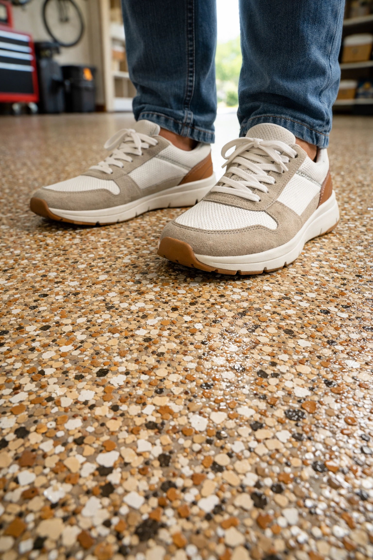 Slip-resistant polymer flake flooring in a Ridgeland MS garage, showing textured traction underfoot