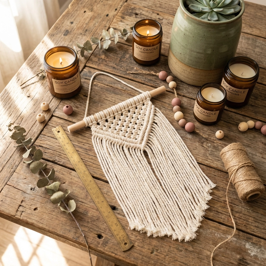 Flat-lay of rustic handmade home decor crafts including candles, macramé, and ceramics on reclaimed wood