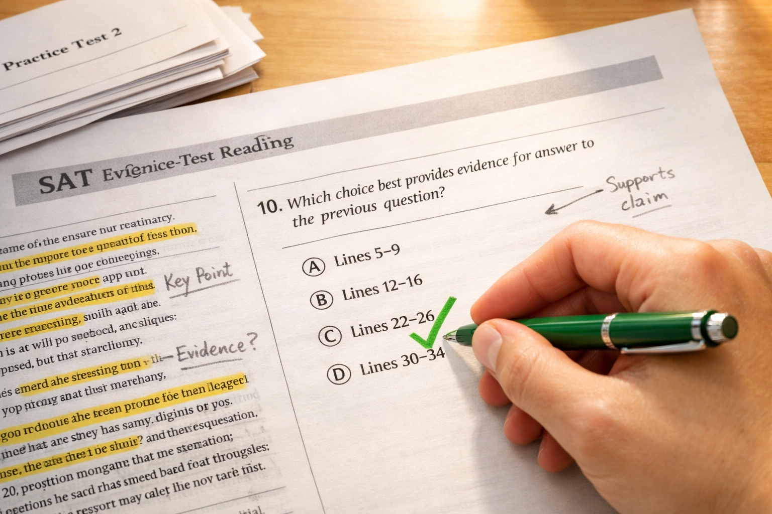 Completed SAT reading practice questions with correct answers marked