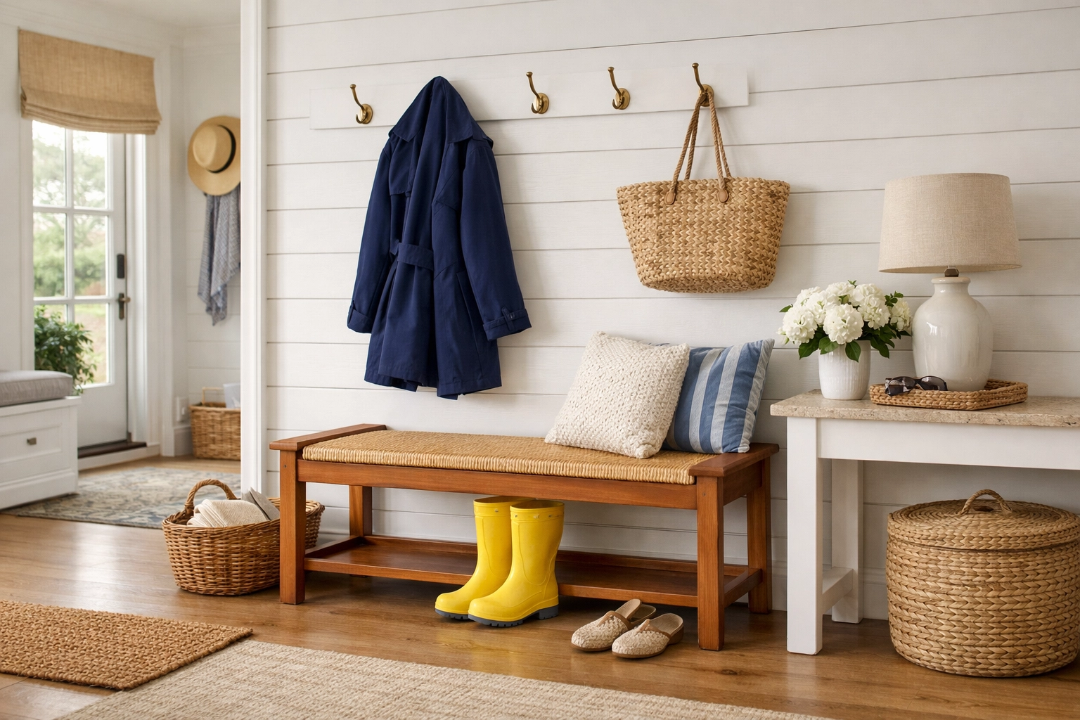 Organized mudroom in a luxury home illustrating the peace of mind from recurring cleaning services near me.