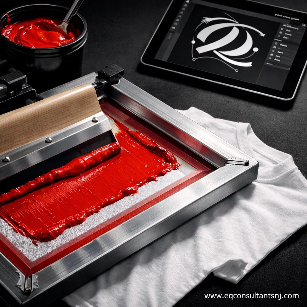 Professional screen printing workstation with red ink and vector art for job costing for screen printing businesses.
