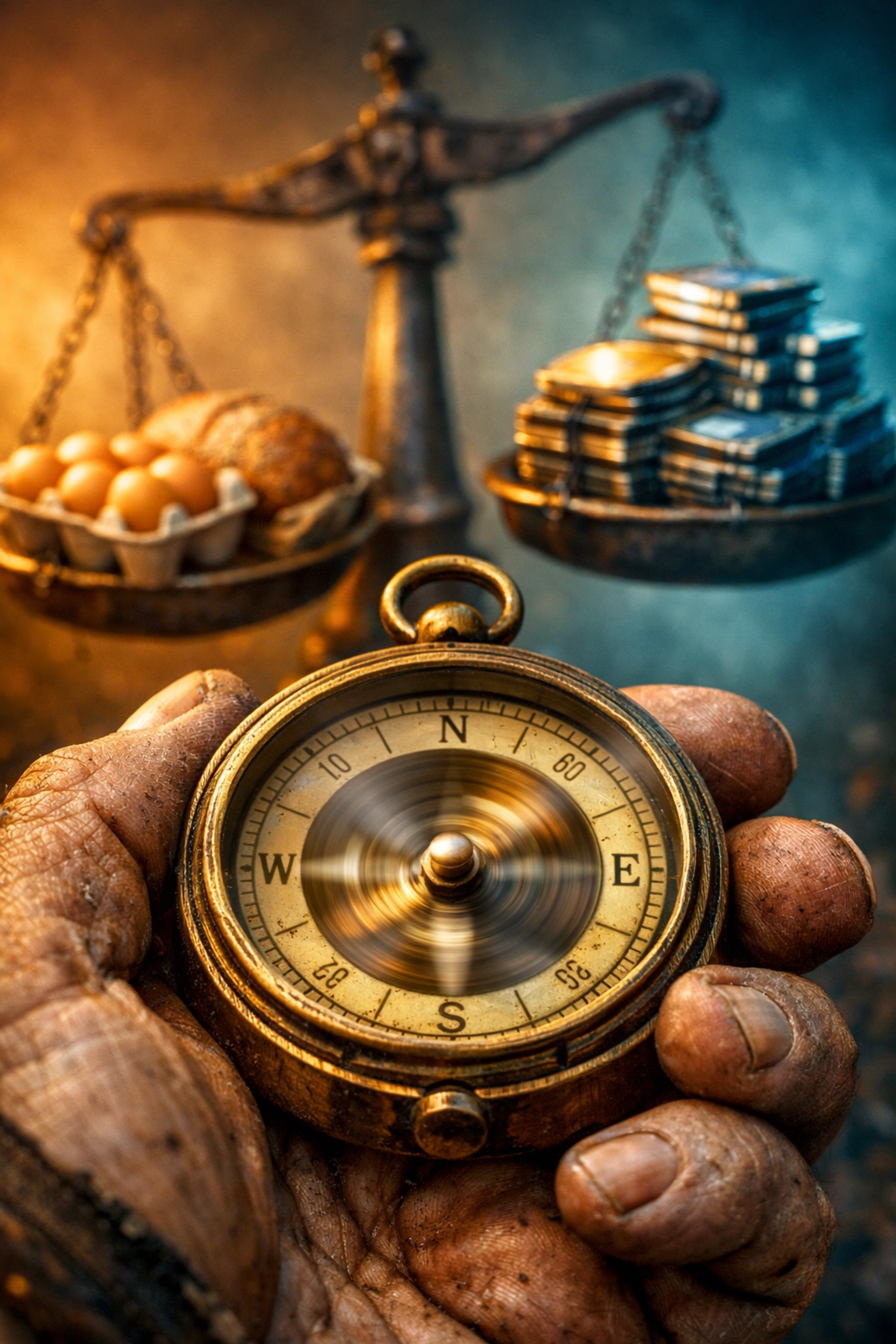 A spinning compass and scales weighing food against tech, representing the Fed's struggle with inflation and market stability.