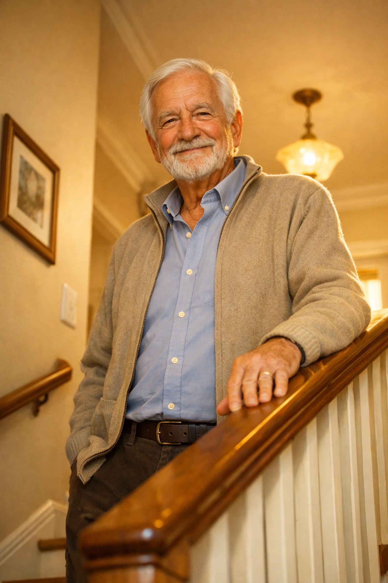 An older adult safely using a sturdy handrail on a well-lit staircase, demonstrating home independence.