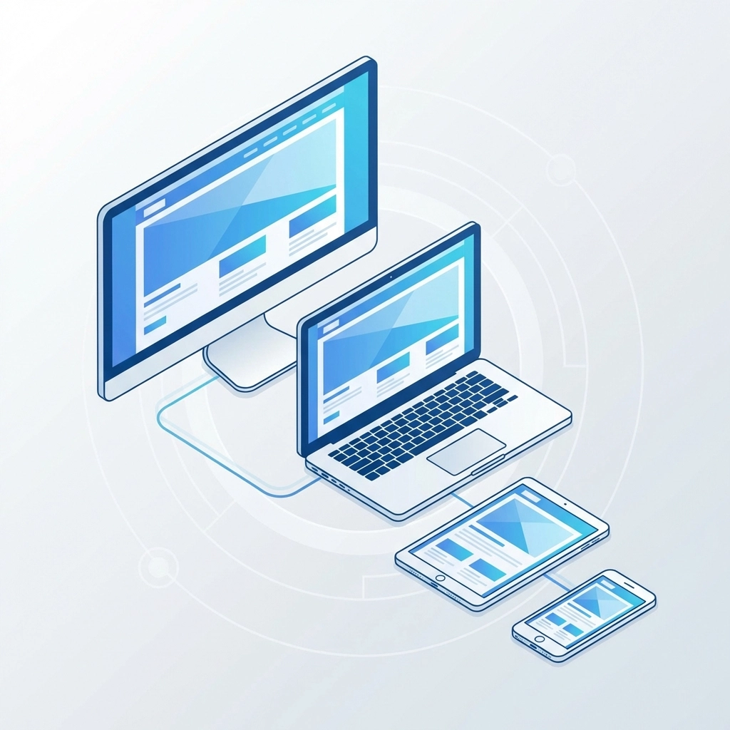 Website displayed on desktop, tablet, and smartphone, highlighting mobile responsive web design