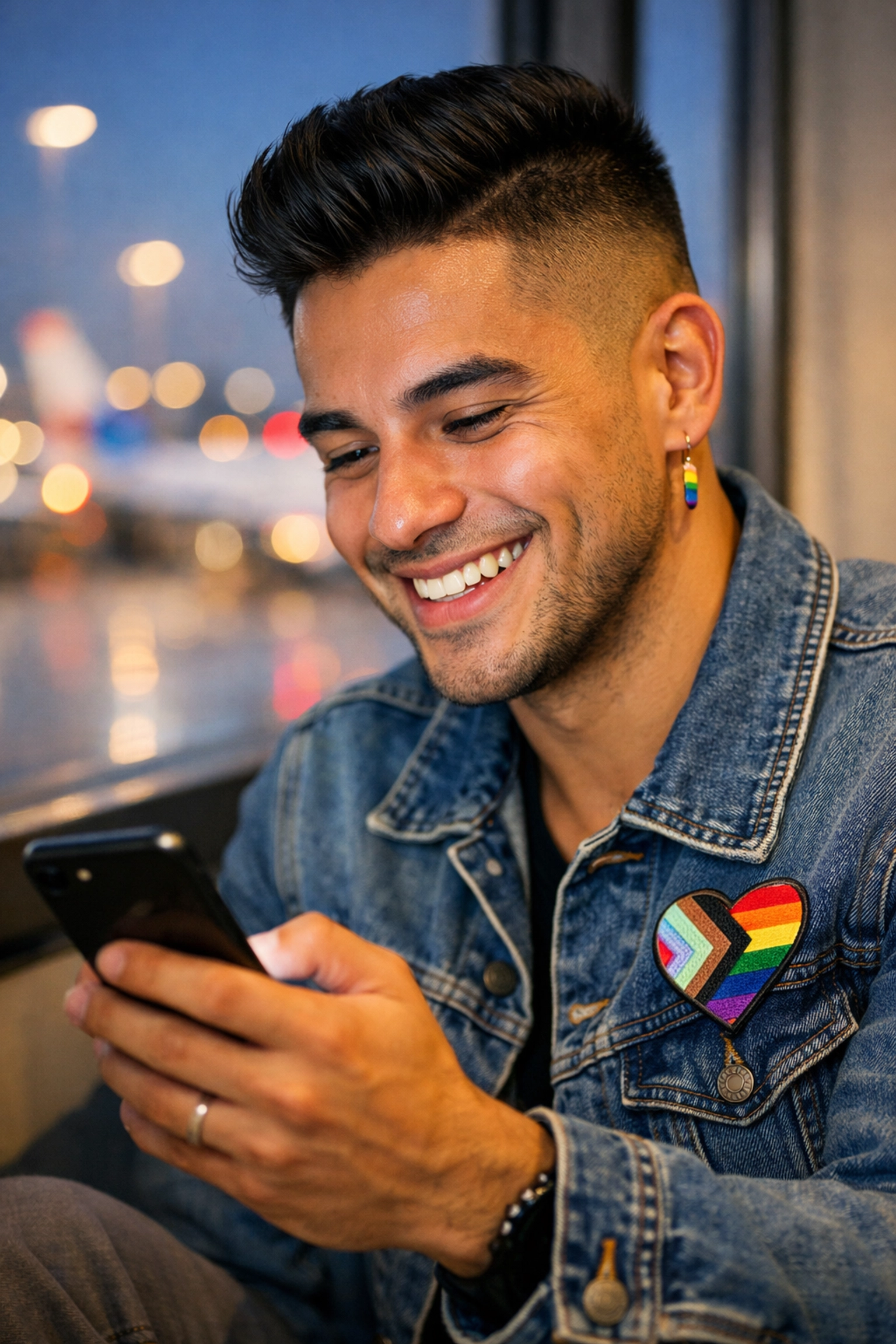 Gay man in an airport lounge using social media apps to connect with the local queer community while traveling.