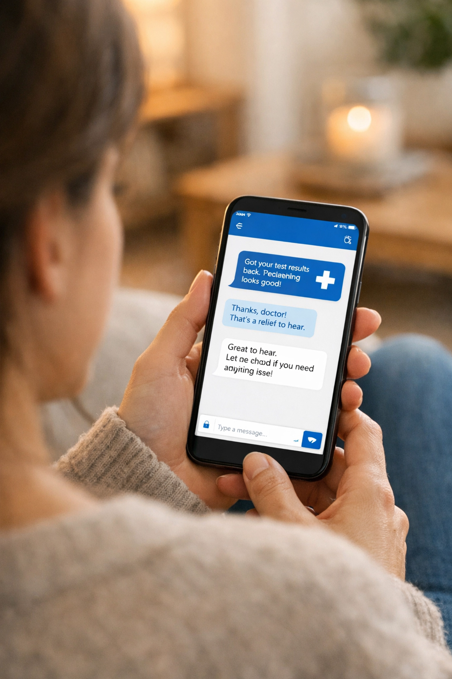 Patient using secure text-based medical messaging for a private online doctor consultation from home.