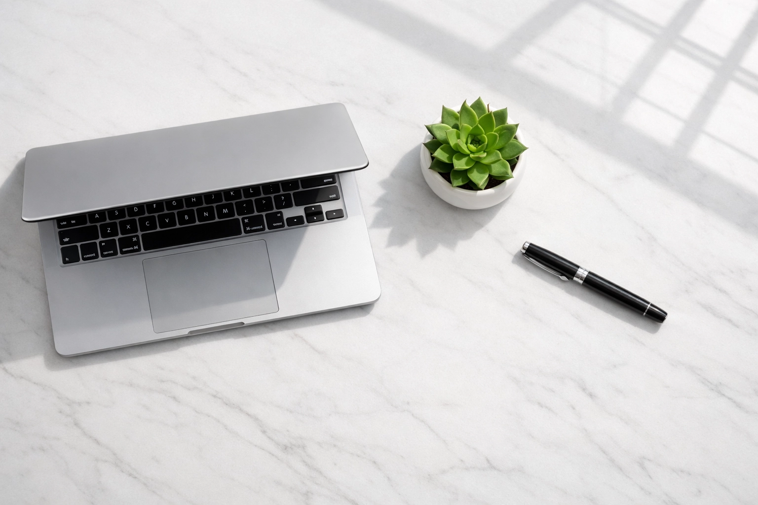 Clean minimalist office desk with a laptop and succulent, showcasing consistent workplace cleanliness.