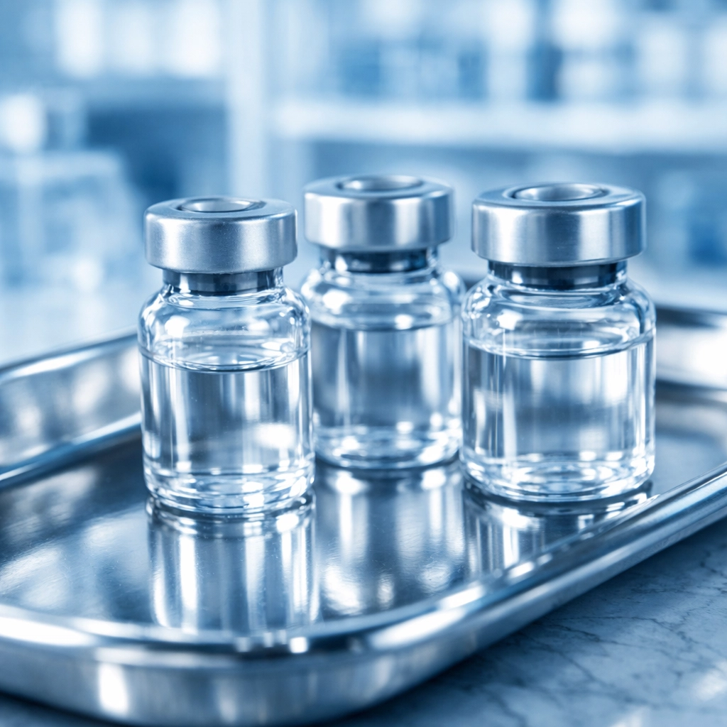 Professional-grade peptide vials on a sterile medical tray illustrating medspa safety and quality labeling.