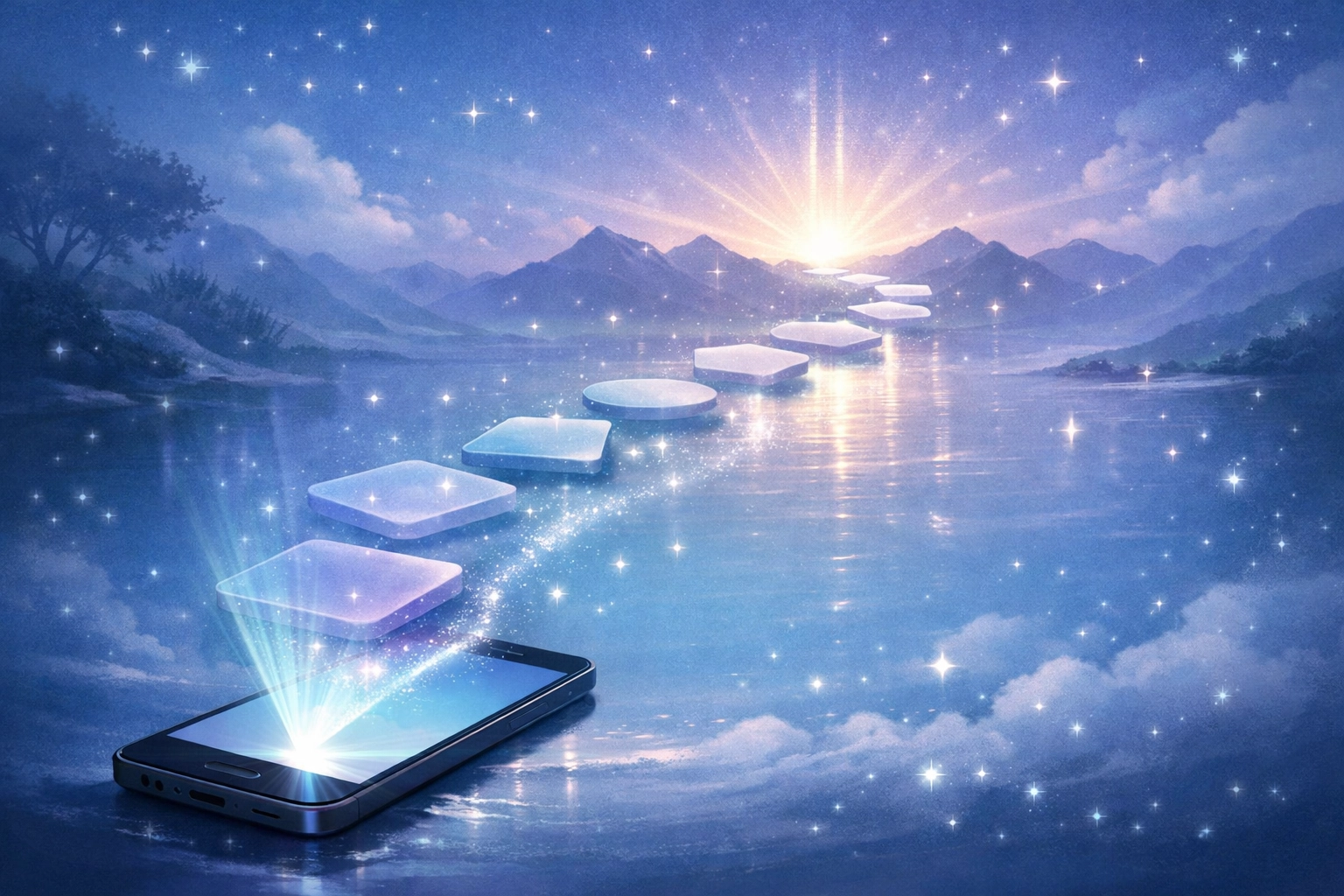 Enchanted illustration of a 10-step goal-setting path projected from a smartphone, in dreamy blue-purple tones