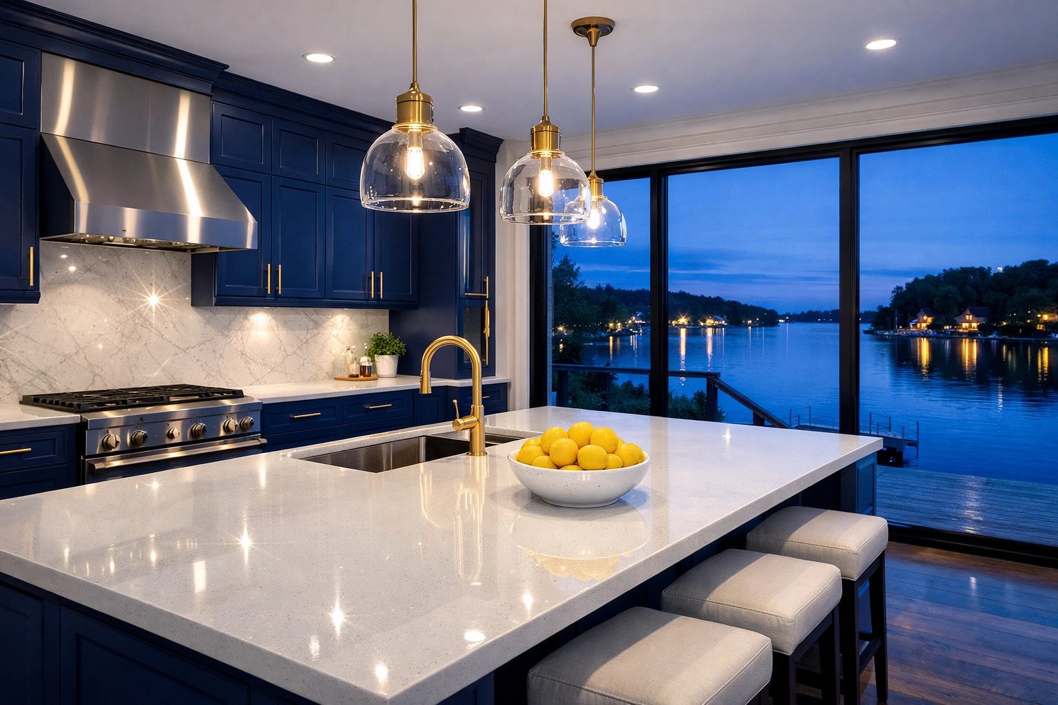 Sparkling Shrewsbury house cleaning results in a luxury kitchen with quartz countertops and lake views.