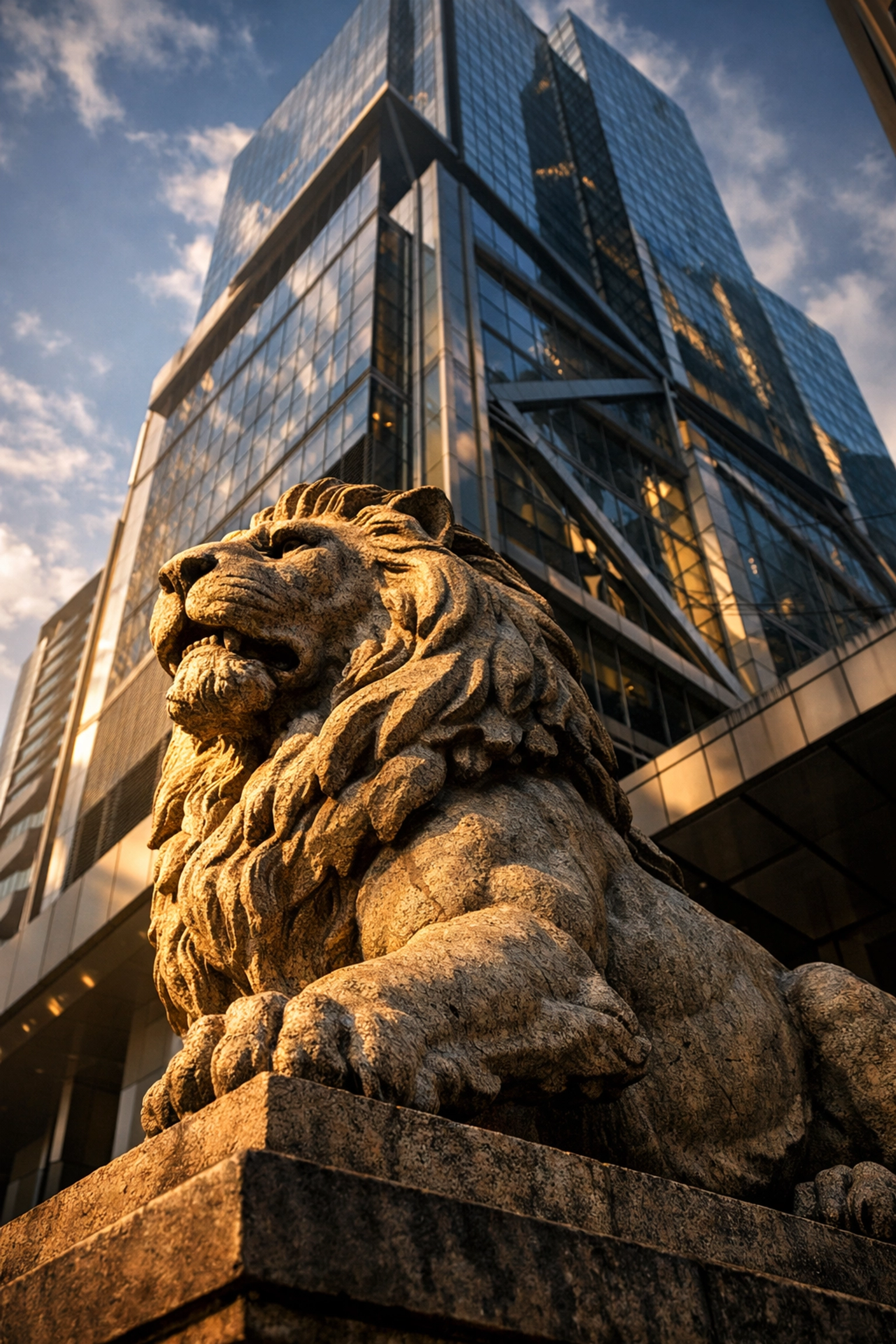 A stone lion statue guarding a modern building, representing secure life insurance protection.