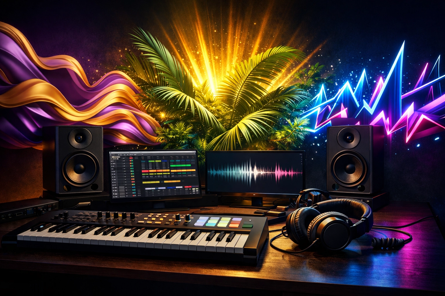 Studio desk visualizing custom song genres like House, Reggae, and Neo Soul for Ujamma Sounds custom tracks.