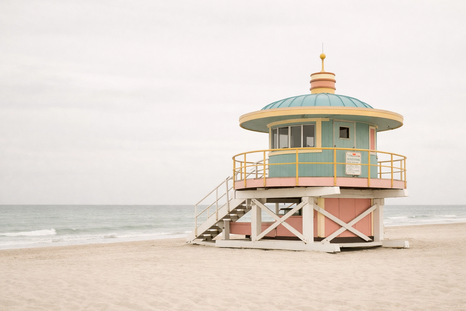A classic pastel Art Deco lifeguard tower on the shore of South Beach, Miami, during a calm morning.