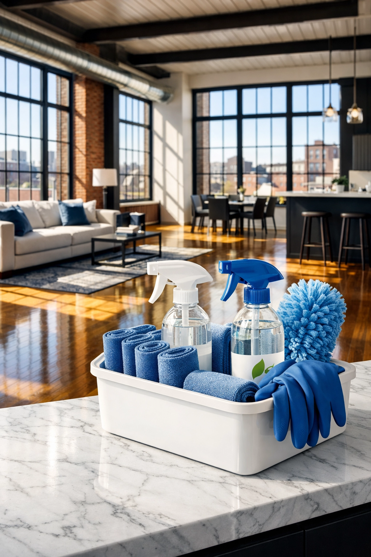 Professional move-out cleaning Worcester supplies on a marble counter in a modern loft.