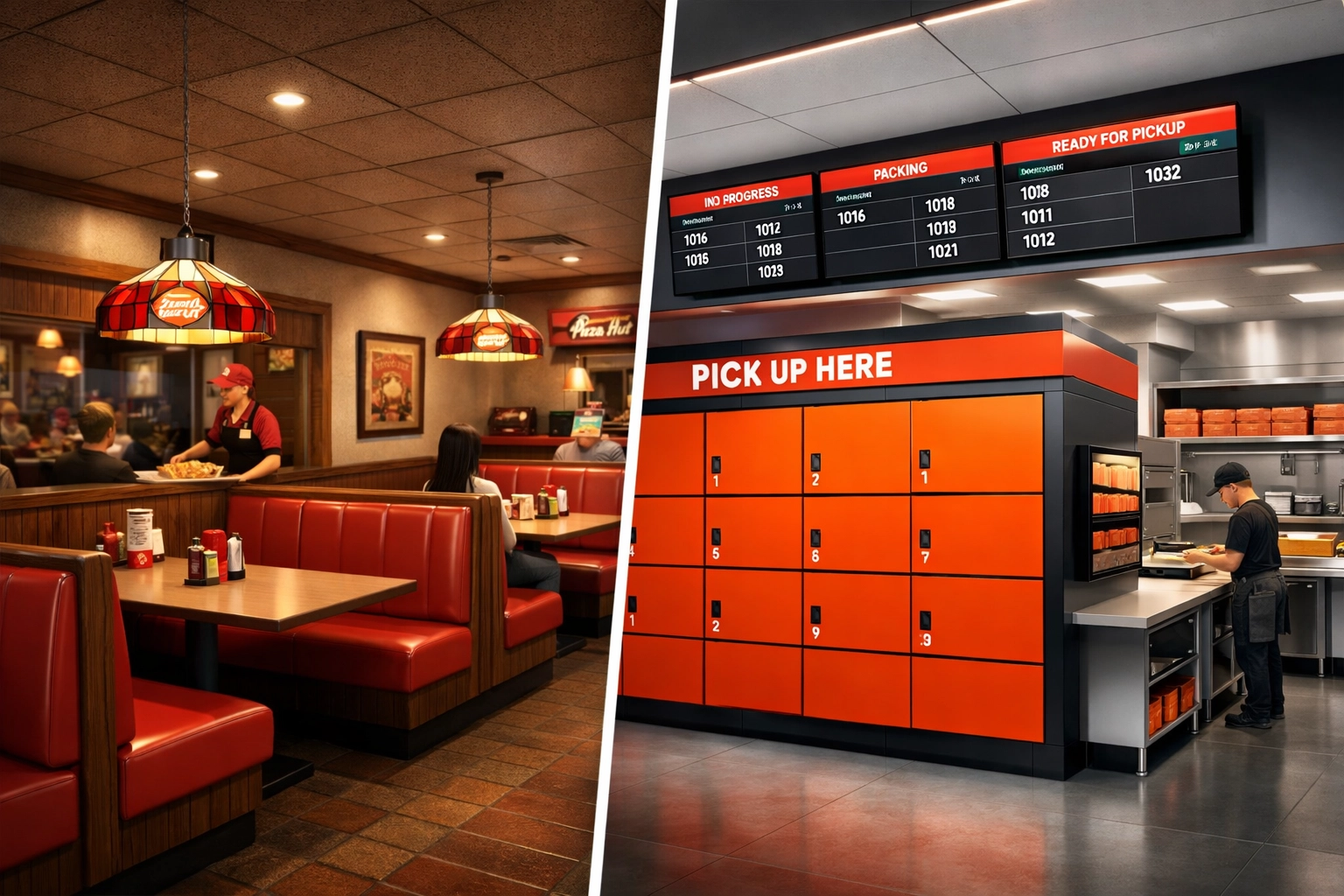 Pizza Hut traditional dine-in versus modern off-premises kitchen comparison
