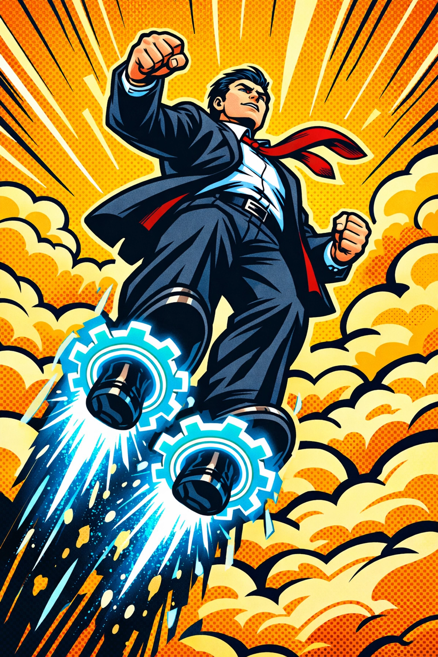 Bold pop art of a professional scaling their business fast with heroic AI automation workflows.