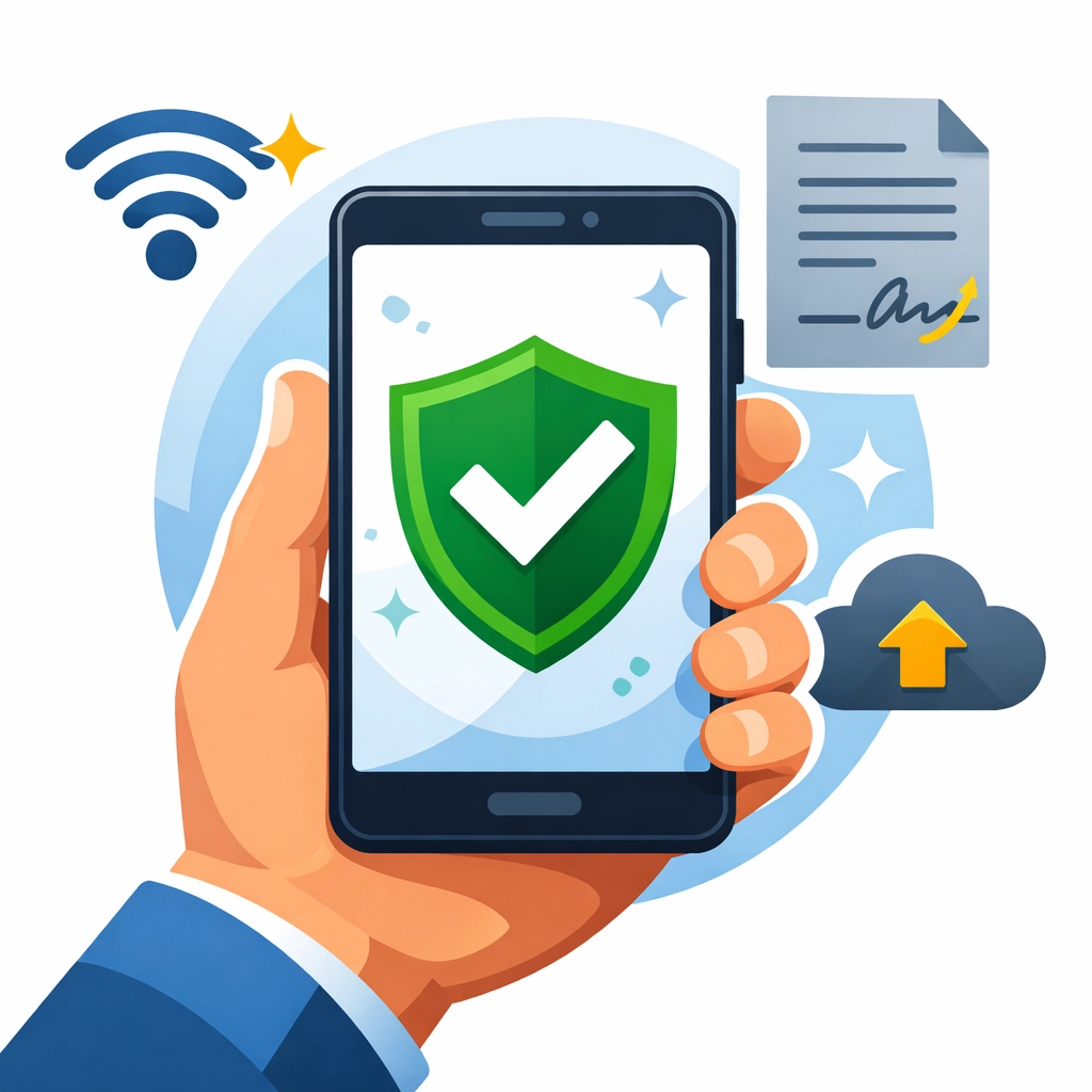 Secure virtual tax preparation on a smartphone with verified document upload and encryption.