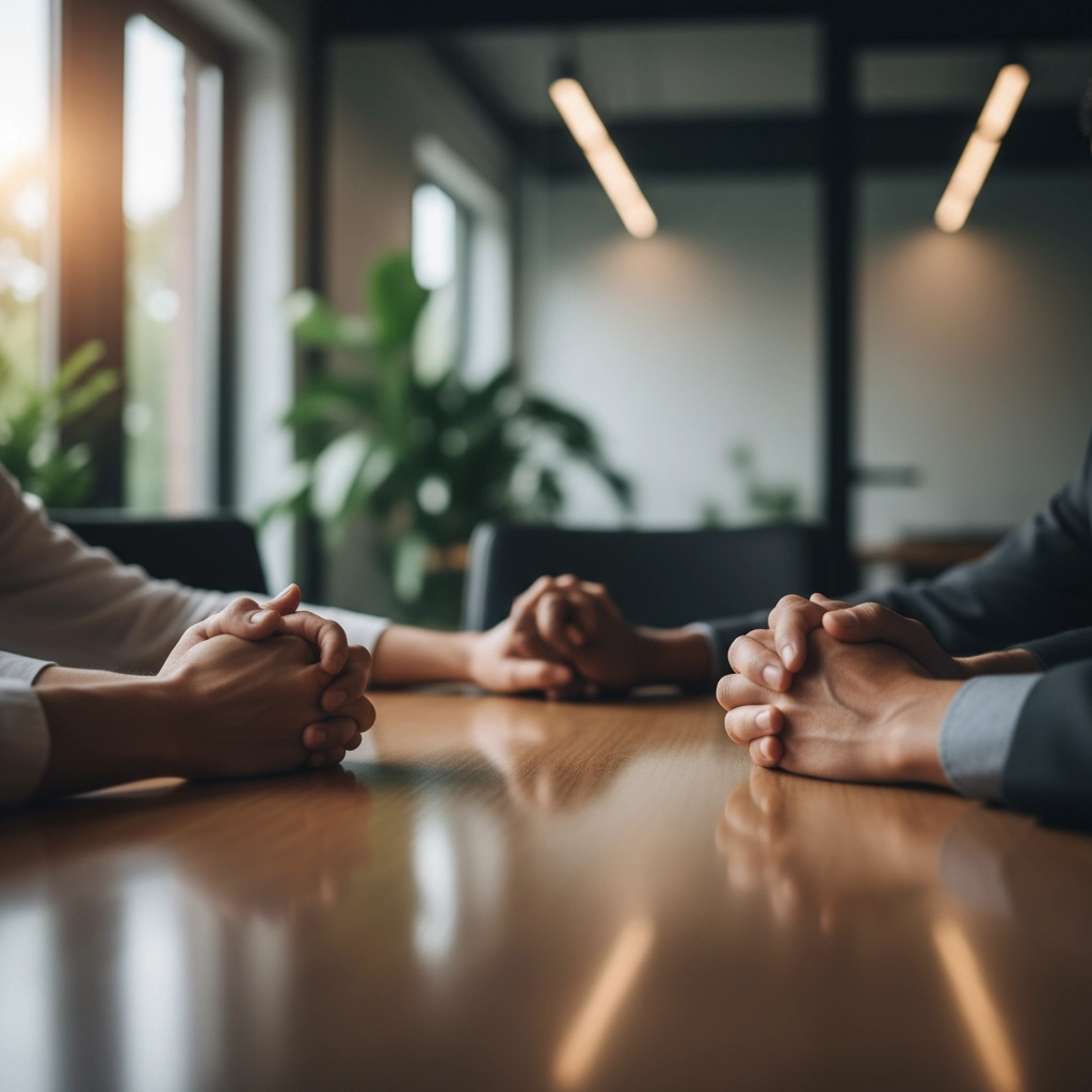 Hands folded on a conference table set in a modern office with plants and bright overhead lights, evoking a calm, contemplative mood.