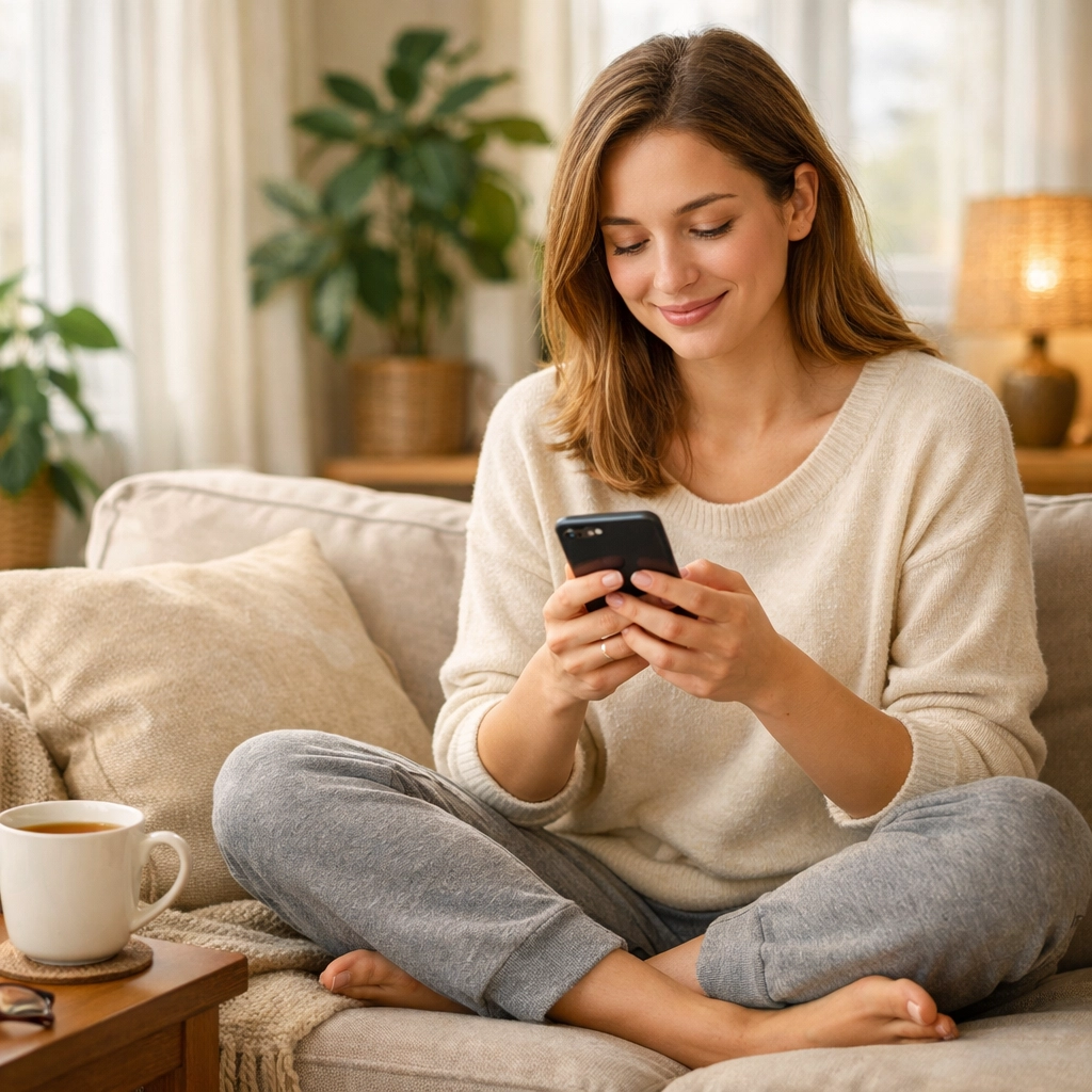 Woman comfortably using smartphone for confidential online doctor consultation from home