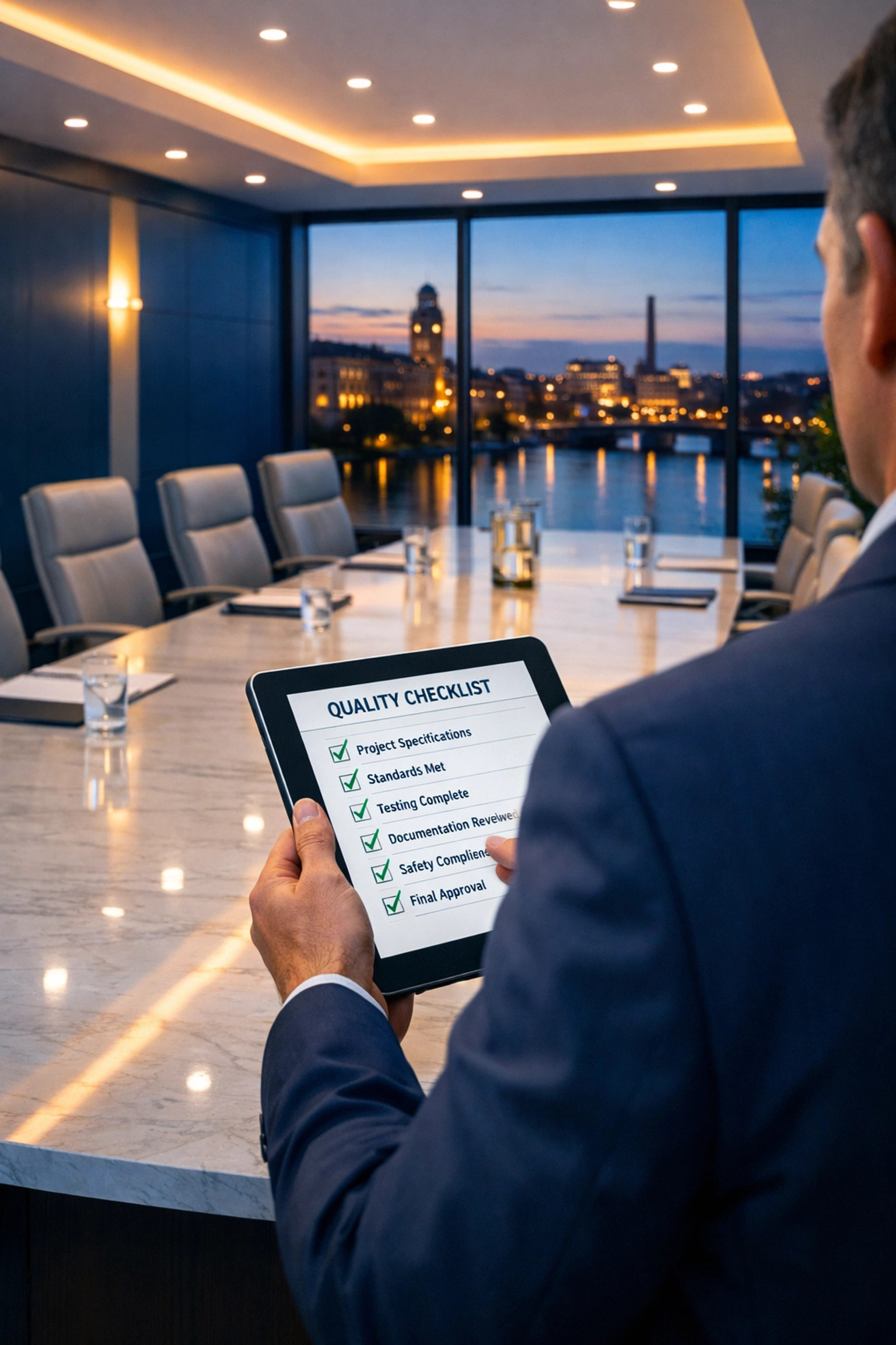 Professional janitorial quality control check in a pristine Watertown boardroom with skyline views.