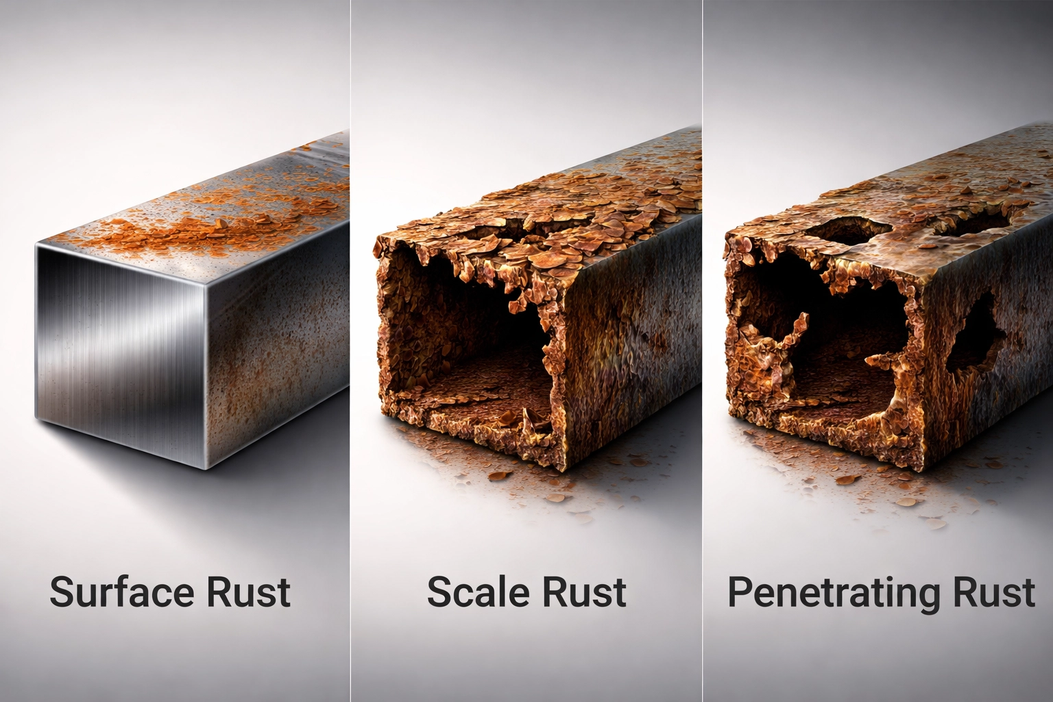 Illustration of surface, scale, and penetrating rust stages on vehicle metal to explain chassis corrosion progression.