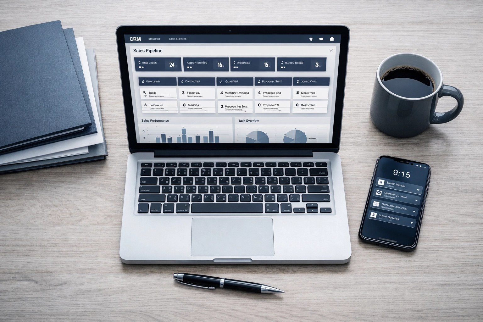 Contractor CRM dashboard on laptop showing pipeline stages and workflow management system