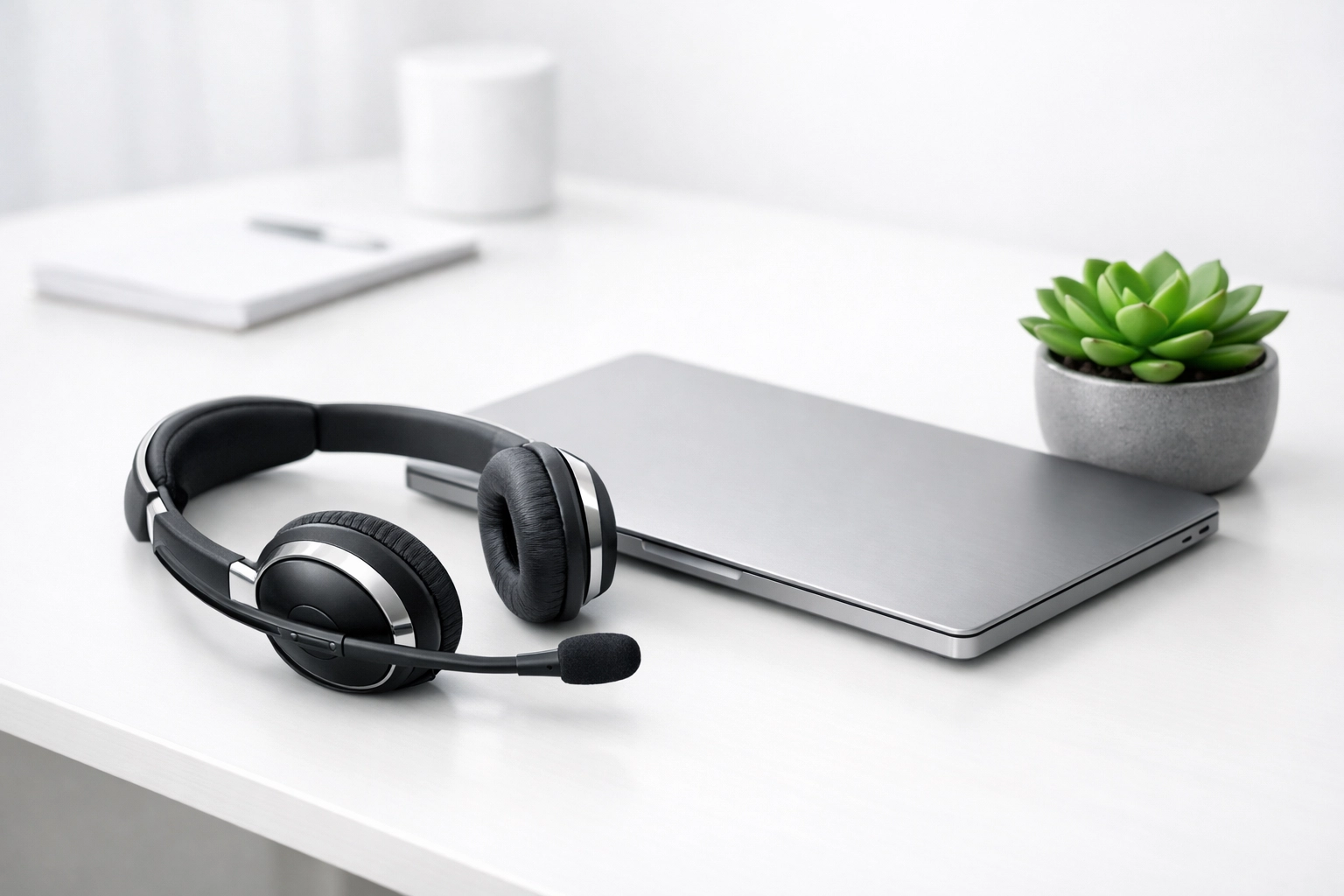 Modern workstation with a headset and laptop for tax software technical support and ERO training services.