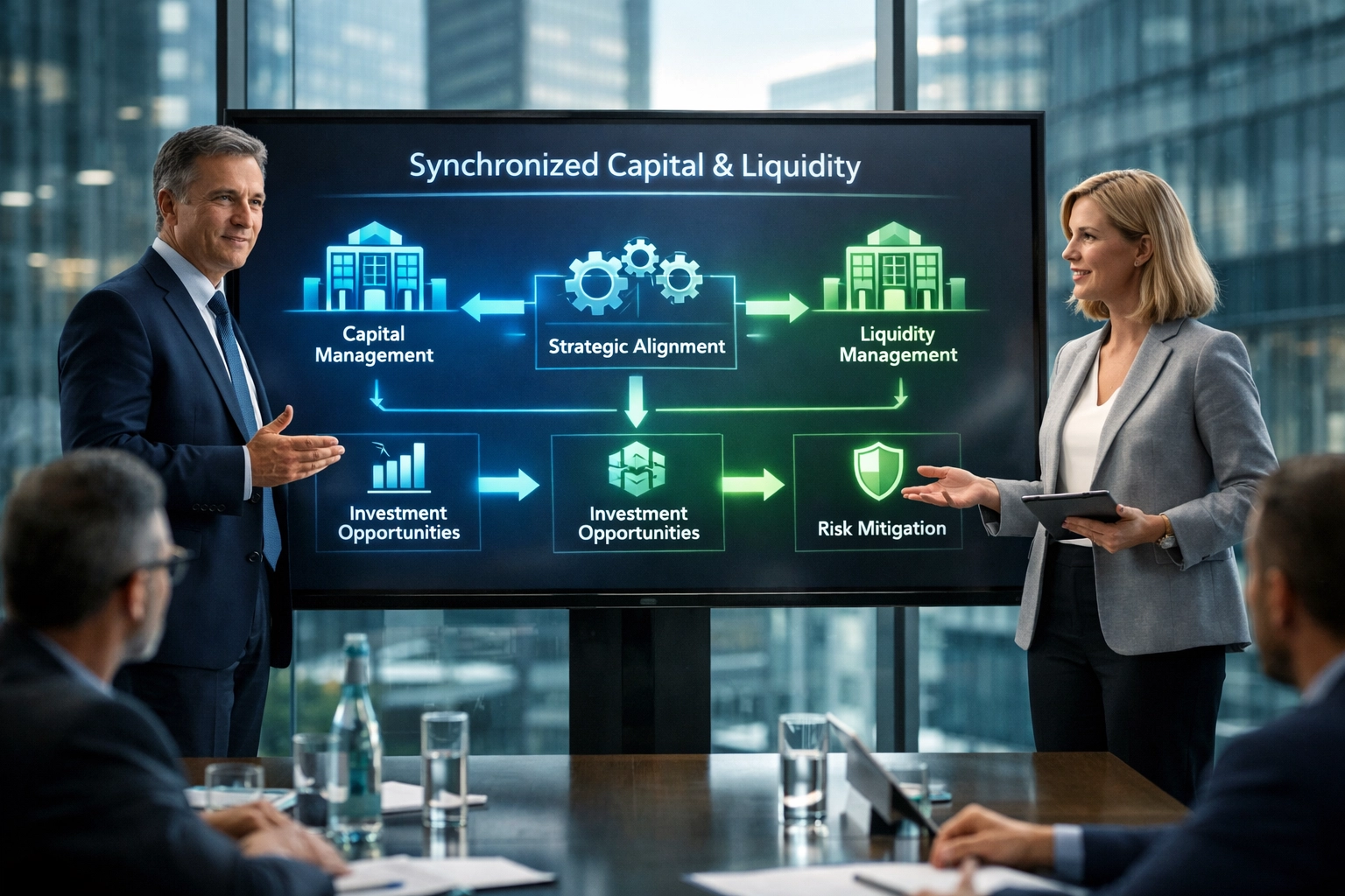 Business consultant and CEO reviewing a working capital strategy and liquidity flow chart in a professional boardroom.