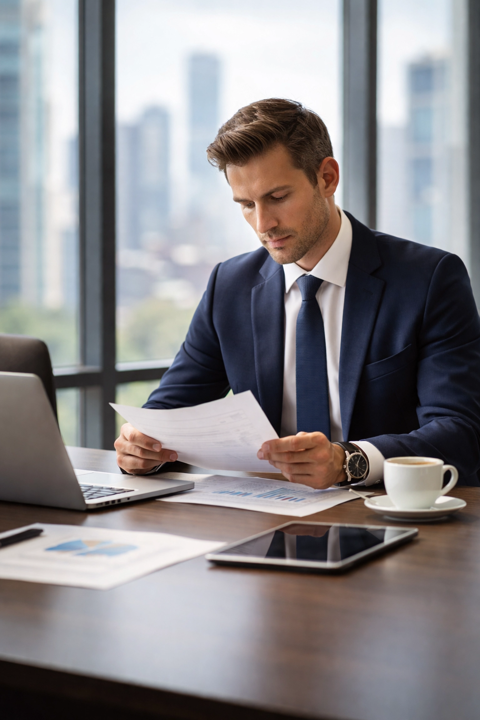 Professional reviewing documents at a conference table highlighting essential office liability protection.