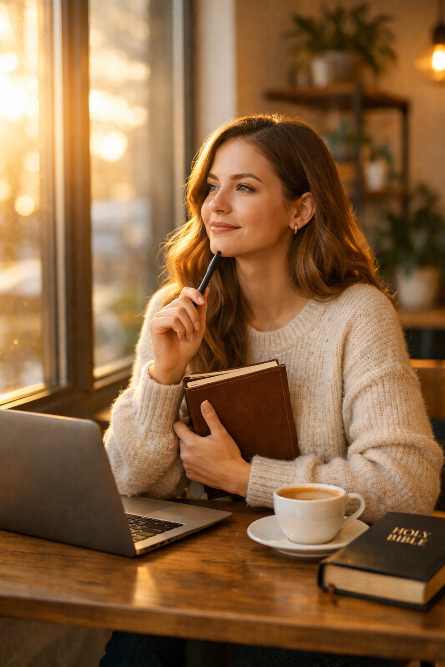 Young professional reflecting on Christian life coaching and career calling with Bible and journal