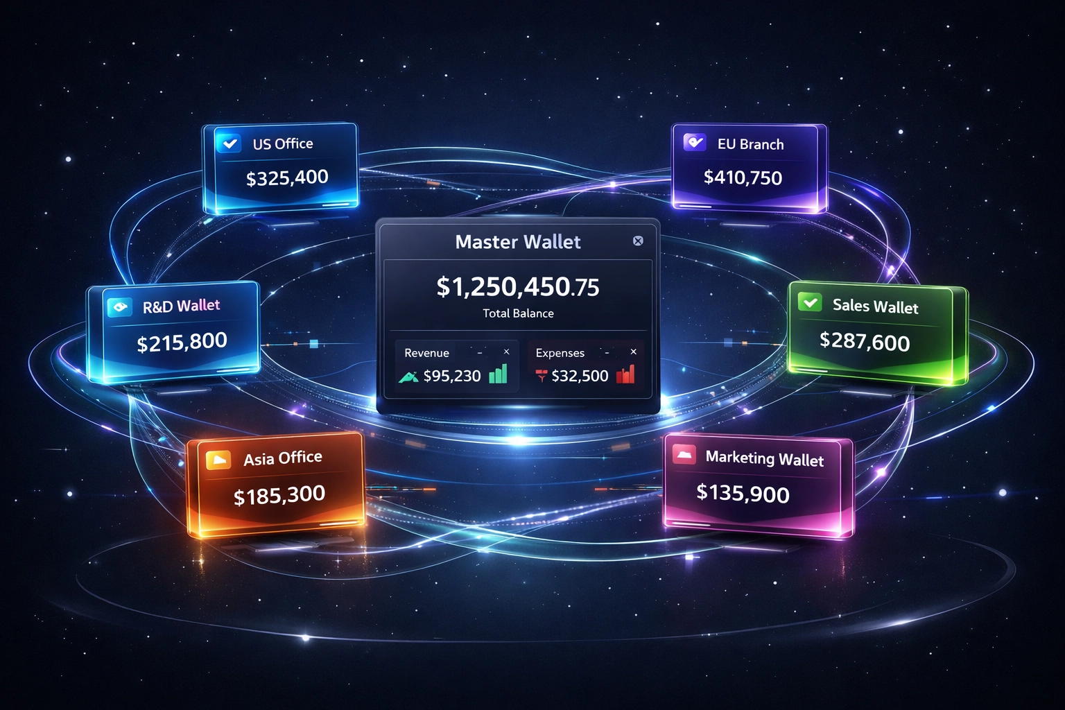 Enterprise merchant dashboard managing multiple wallets across locations with real-time transaction monitoring