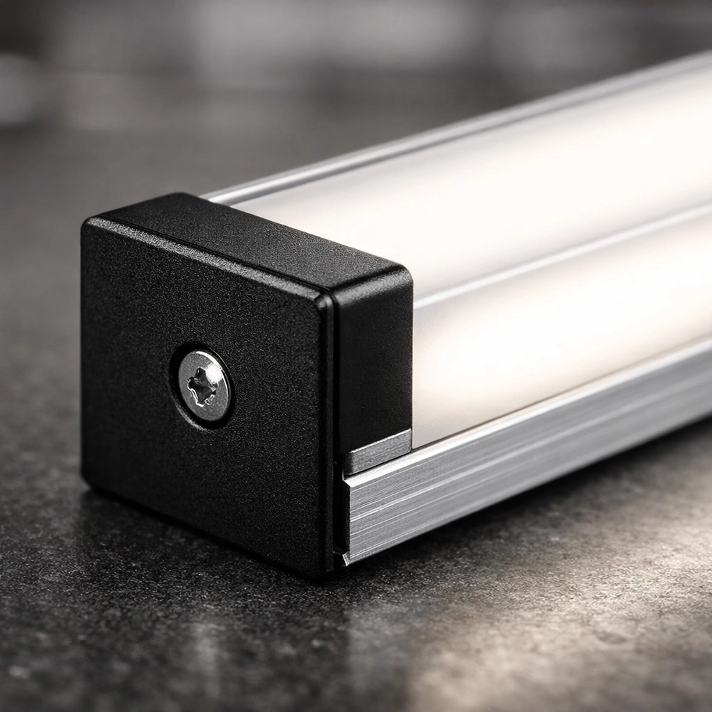 Close-up of a frosted aluminum LED channel showing dot-free diffusion for custom linear lighting.