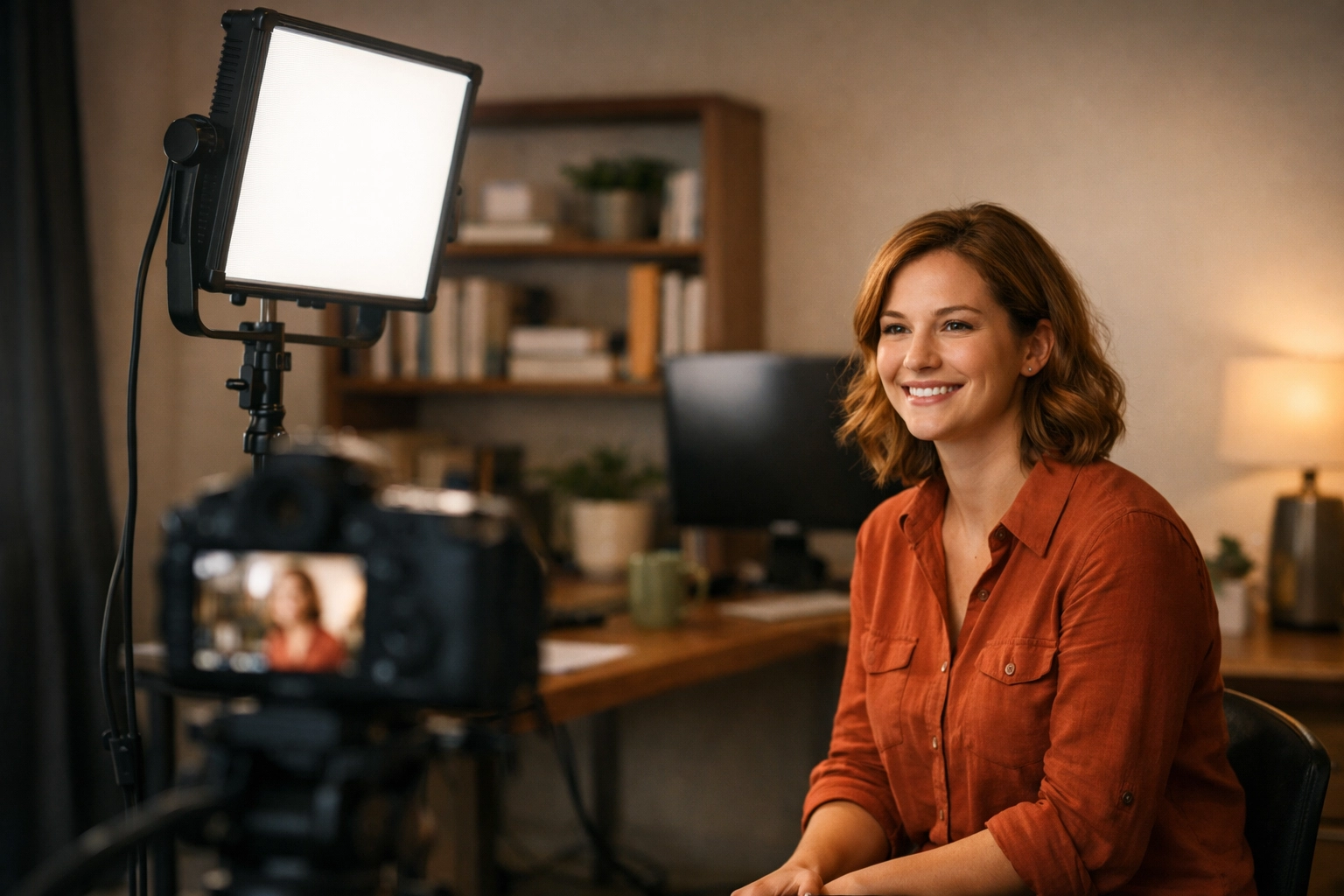 Professional lighting setup for authentic corporate video production in workspace
