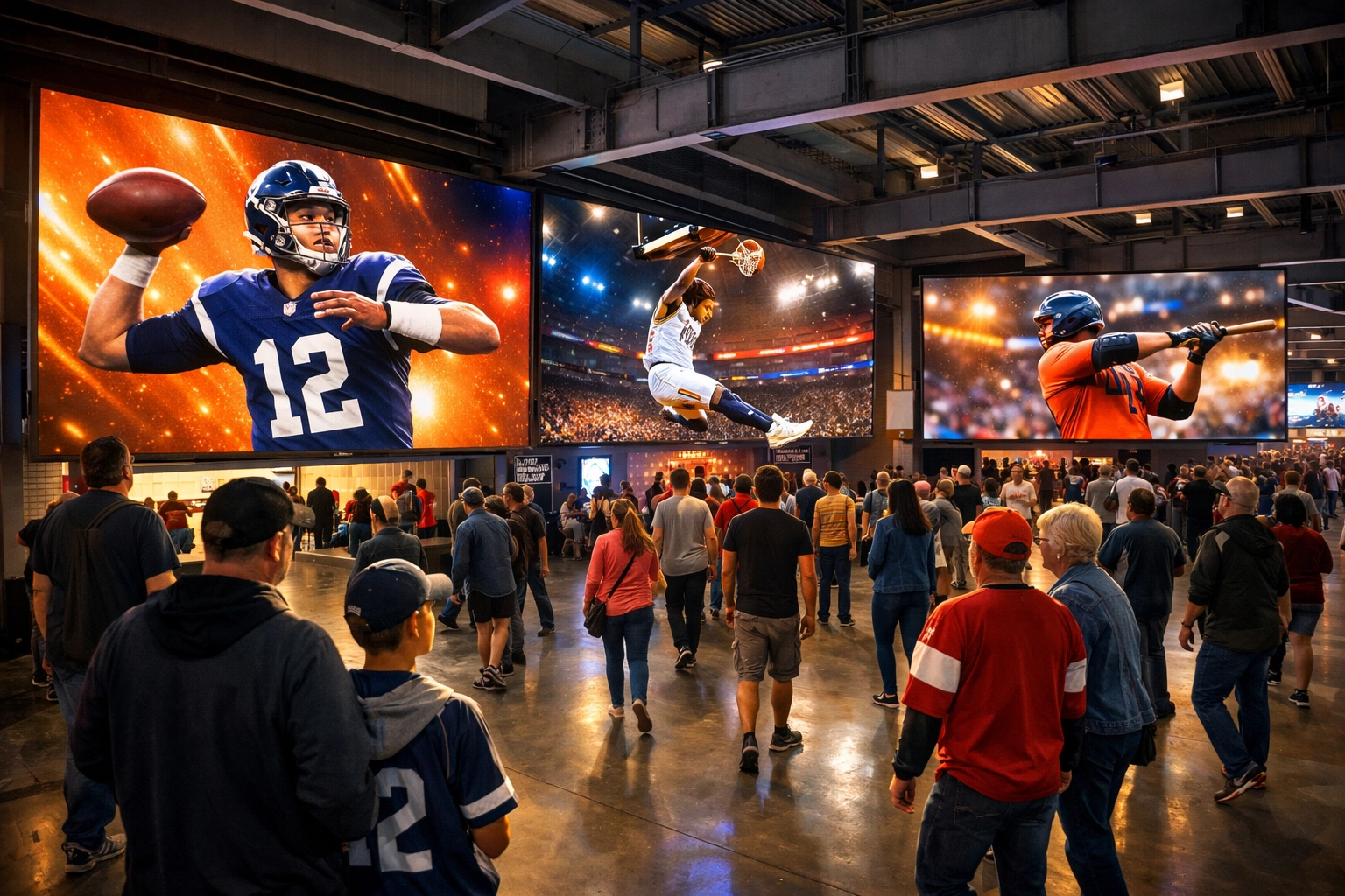 Stadium concourse with digital LED displays showing NIL athlete content to engaged fans