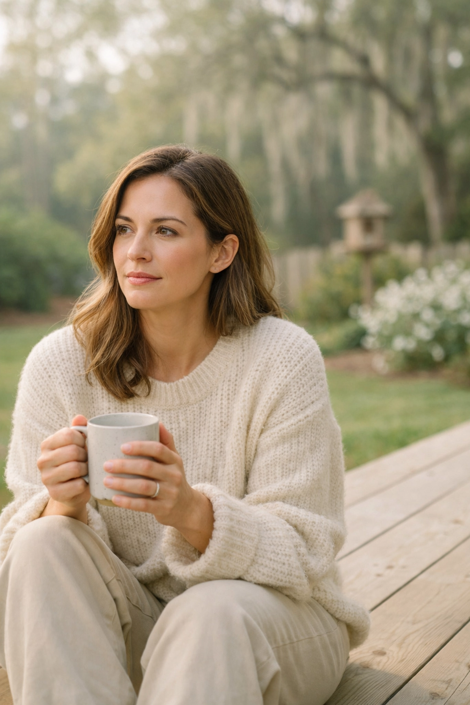 A woman sitting peacefully on a porch in Georgia, practicing radical acceptance and emotional balance.
