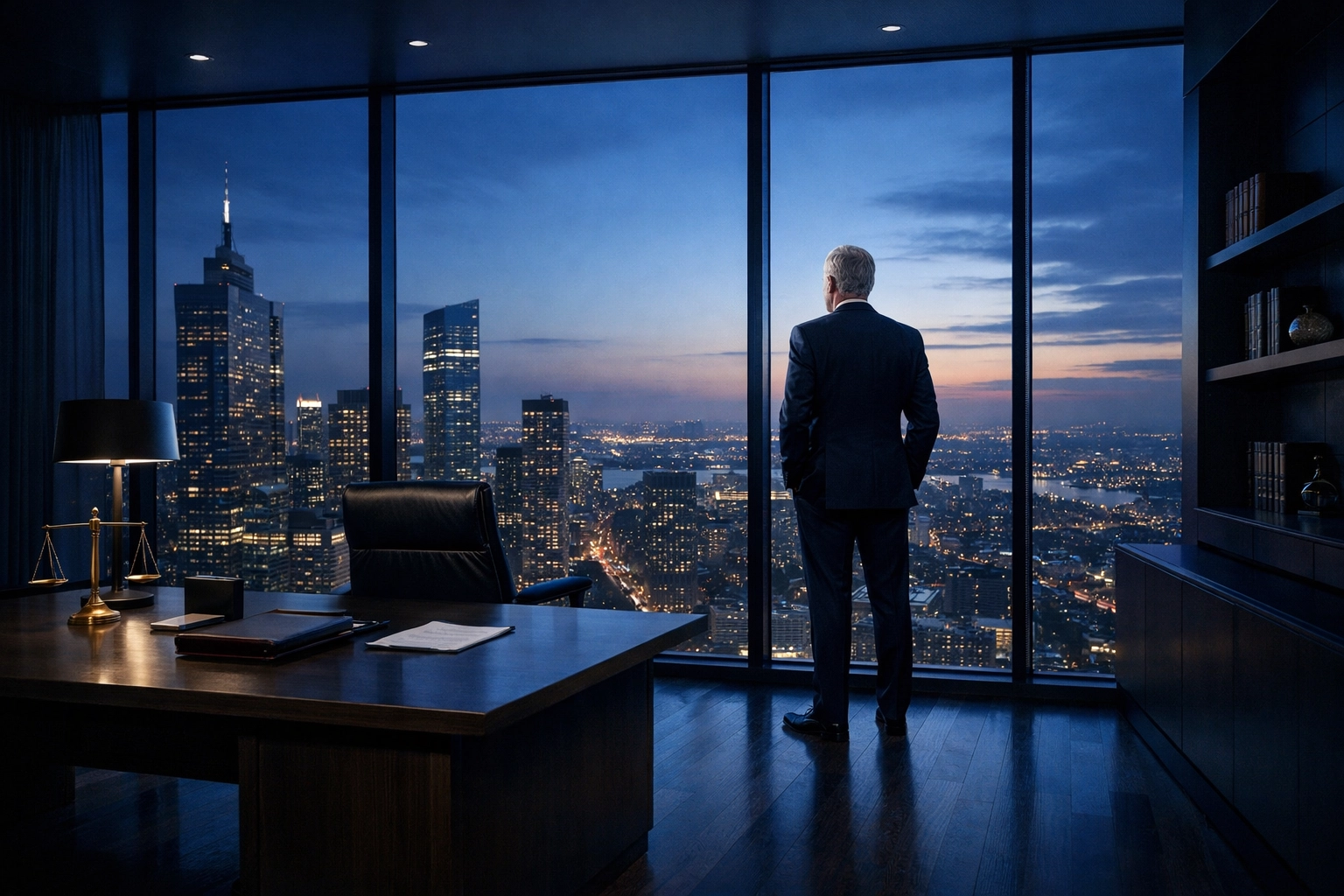 A solicitor in a modern law office overlooking a city, representing law firm scalability and growth.