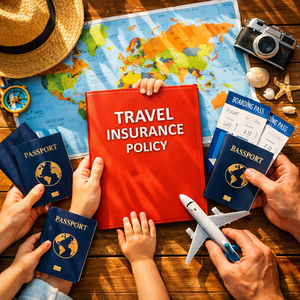 Travel insurance documents and passports arranged on table for last minute holiday booking
