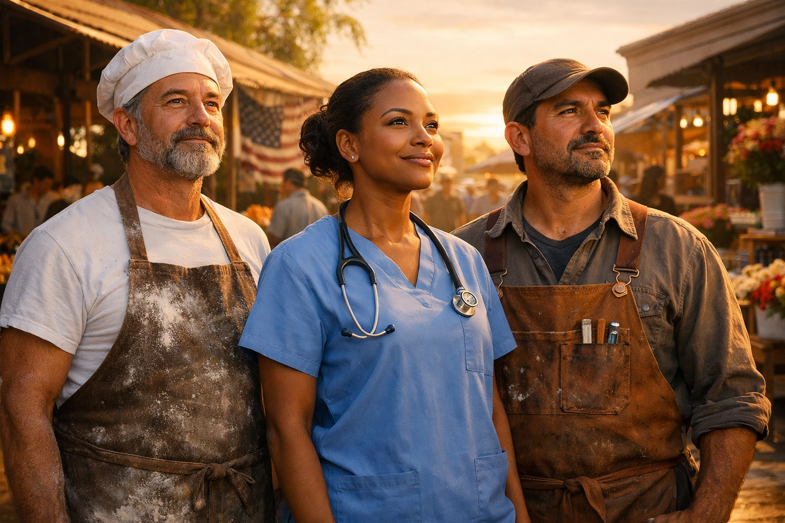 Diverse group of workers in a sunlit community marketplace showing the dignity of work.
